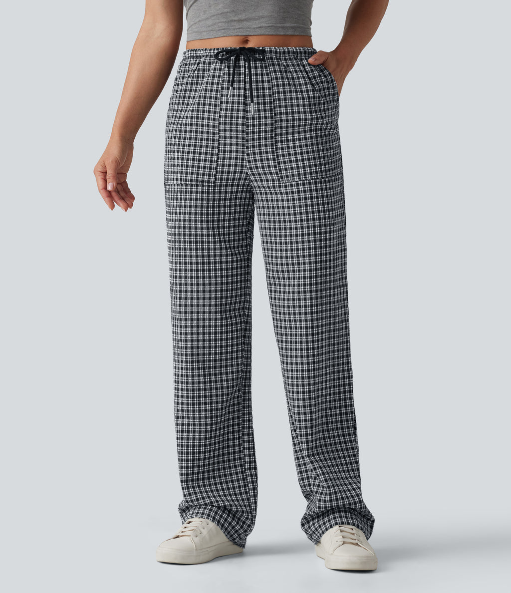 Mid Rise Drawstring Straight Leg Gingham Casual Trousers with Pockets — Monochrome Check — view 3