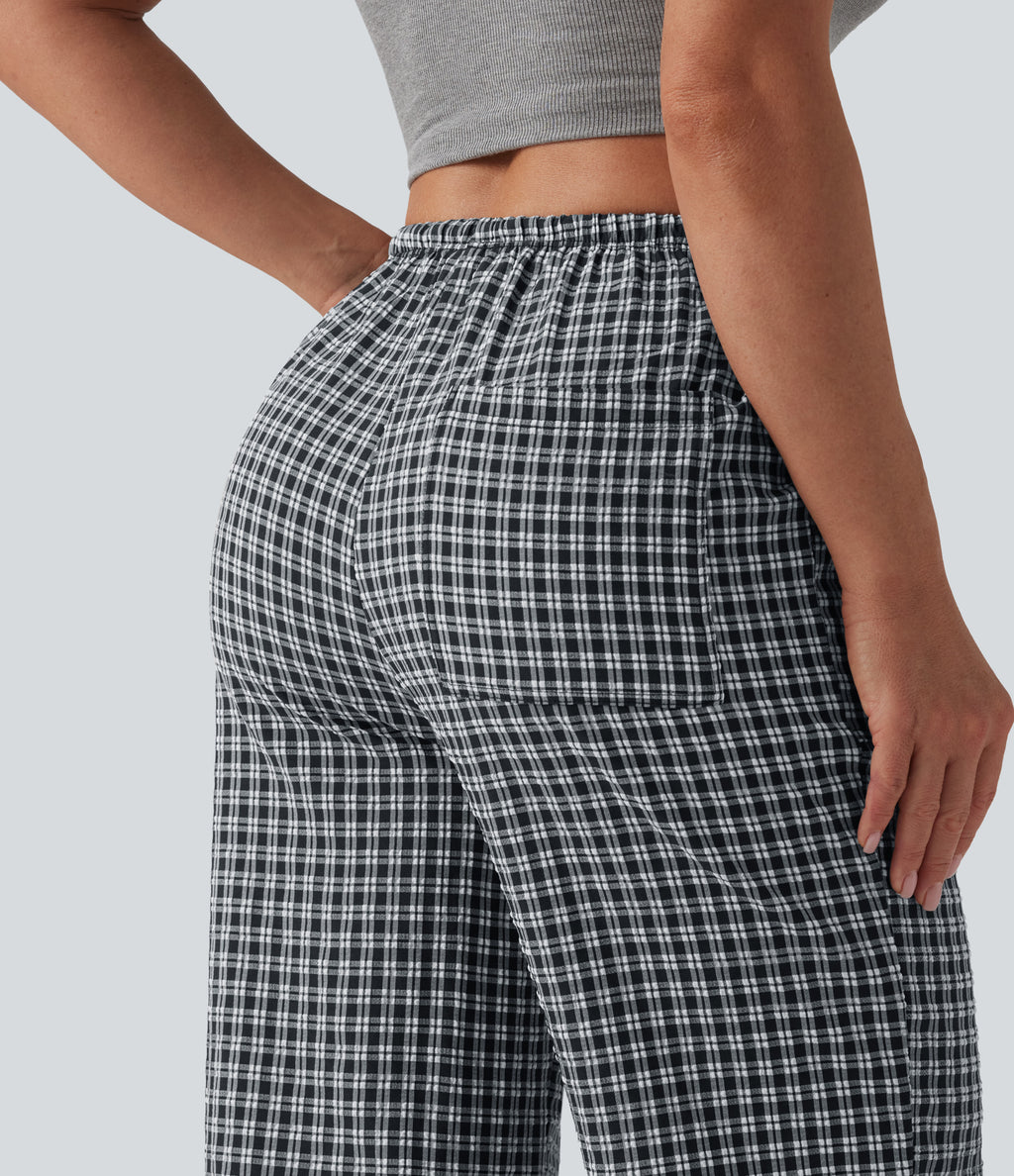 Mid Rise Drawstring Straight Leg Gingham Casual Trousers with Pockets — Monochrome Check — view 5