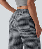 Mid Rise Drawstring Straight Leg Gingham Casual Trousers with Pockets — Monochrome Check — view 5