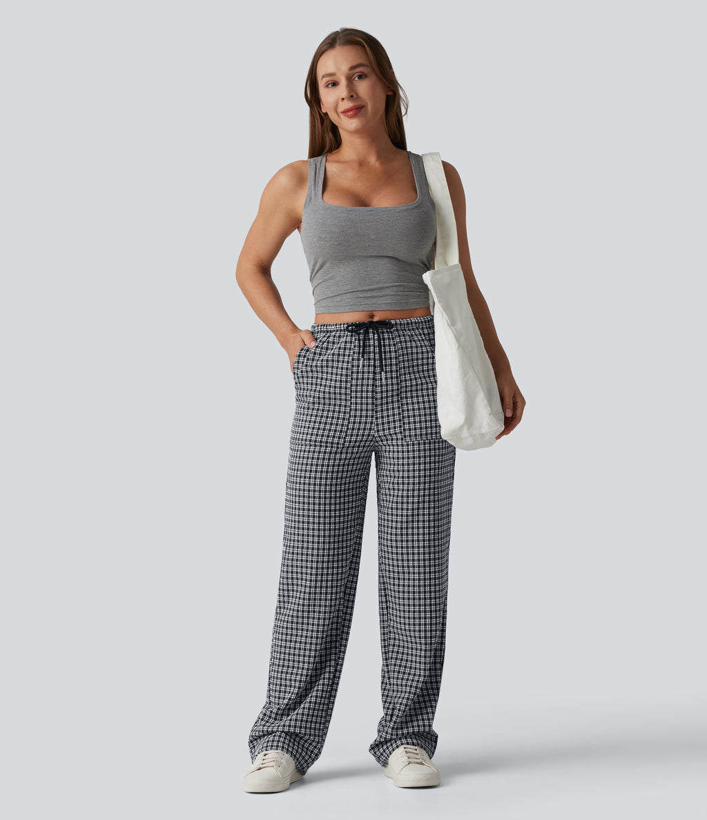 Mid Rise Drawstring Straight Leg Gingham Casual Trousers with Pockets — Monochrome Check — view 6