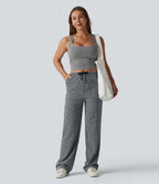 Mid Rise Drawstring Straight Leg Gingham Casual Trousers with Pockets — Monochrome Check — view 6