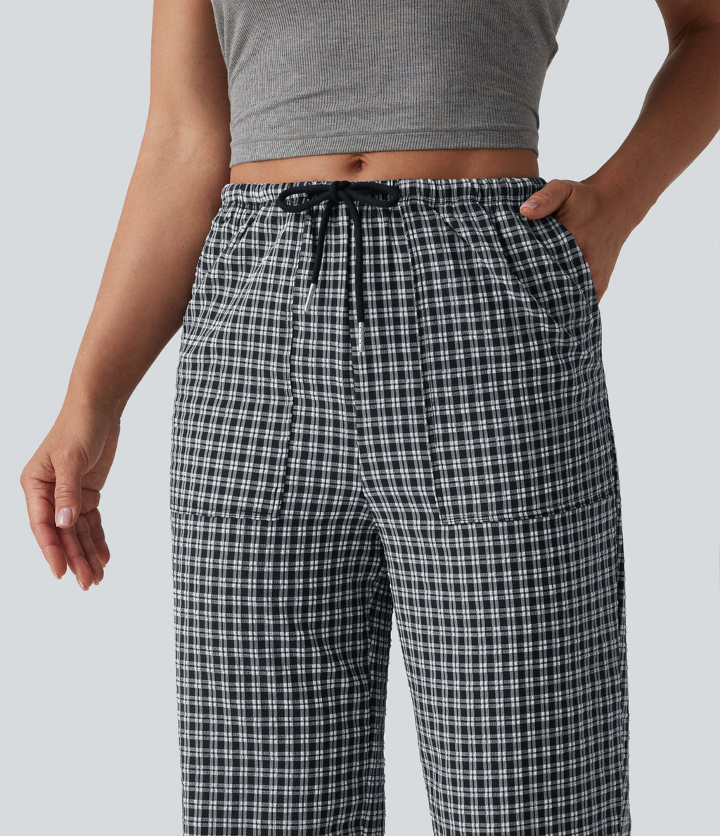 Mid Rise Drawstring Straight Leg Gingham Casual Trousers with Pockets — Monochrome Check — view 4
