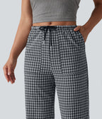 Mid Rise Drawstring Straight Leg Gingham Casual Trousers with Pockets — Monochrome Check — view 4