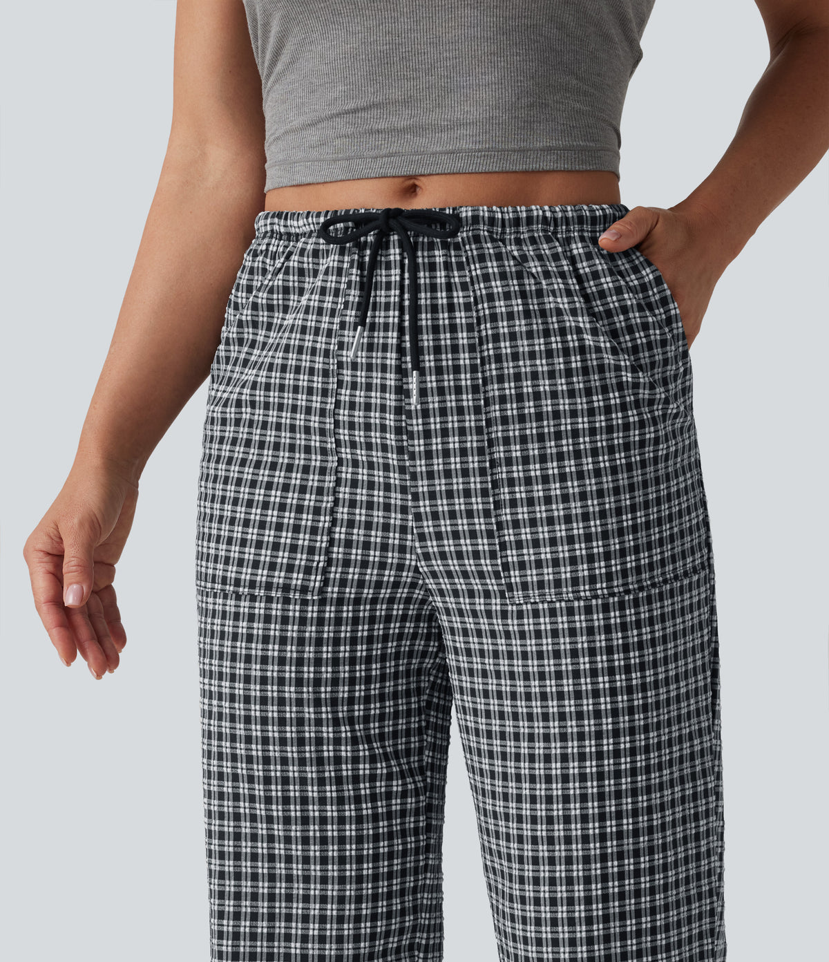 Mid Rise Drawstring Straight Leg Gingham Casual Trousers with Pockets — Monochrome Check — view 4