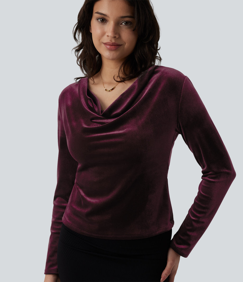 Cowl Neck Long Sleeve Velvet Top — Dusky purple — view 1