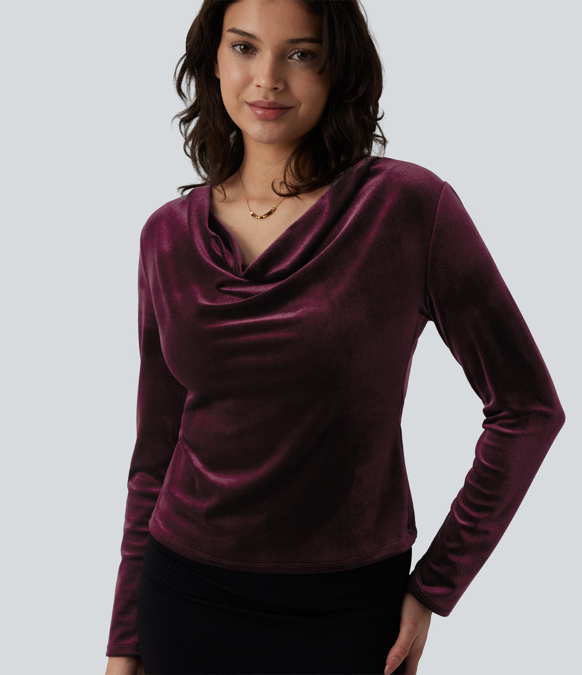 Cowl Neck Long Sleeve Velvet Top — Dusky purple — view 1