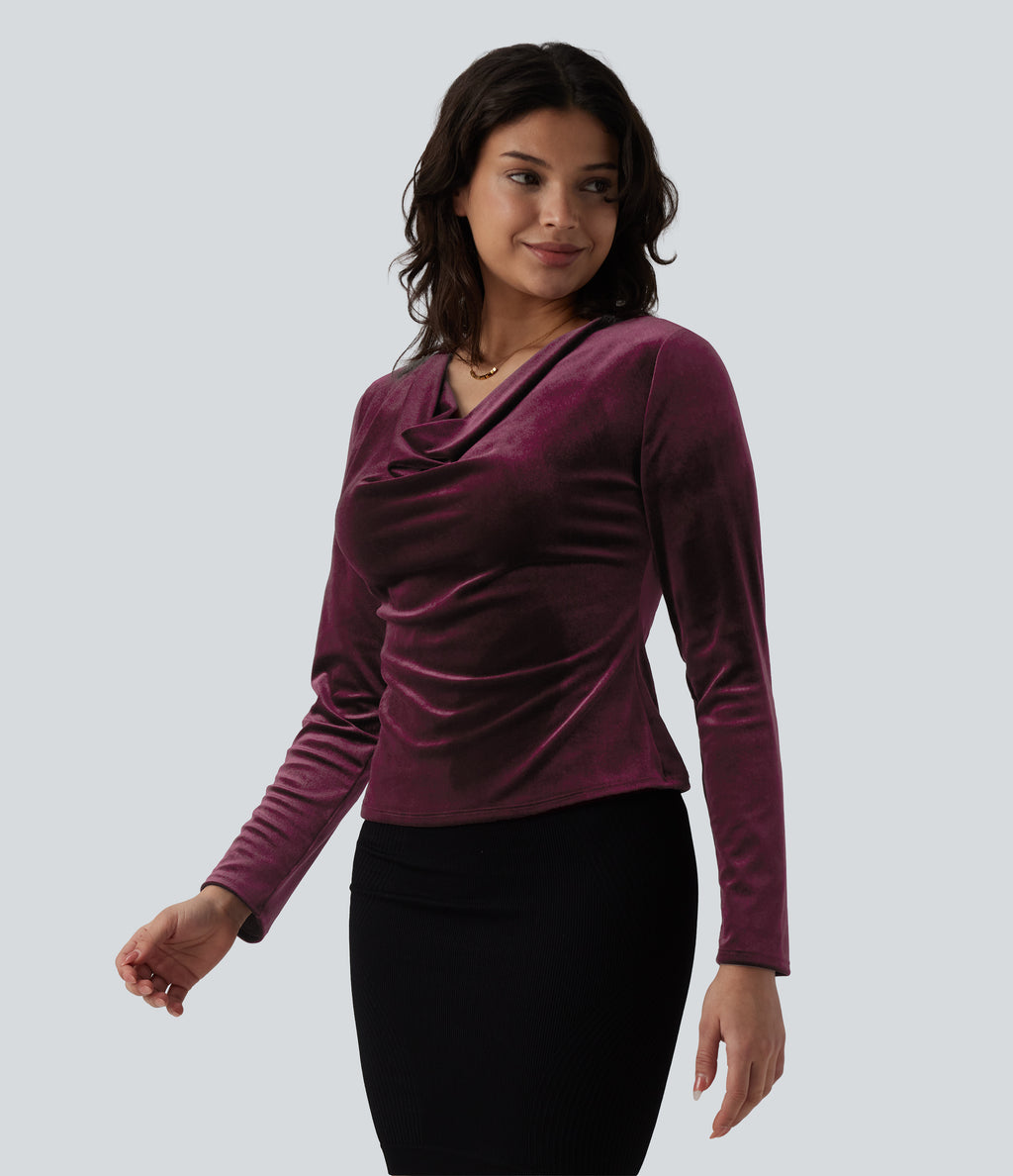 Cowl Neck Long Sleeve Velvet Top — Dusky purple — view 3