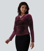 Cowl Neck Long Sleeve Velvet Top — Dusky purple — view 3