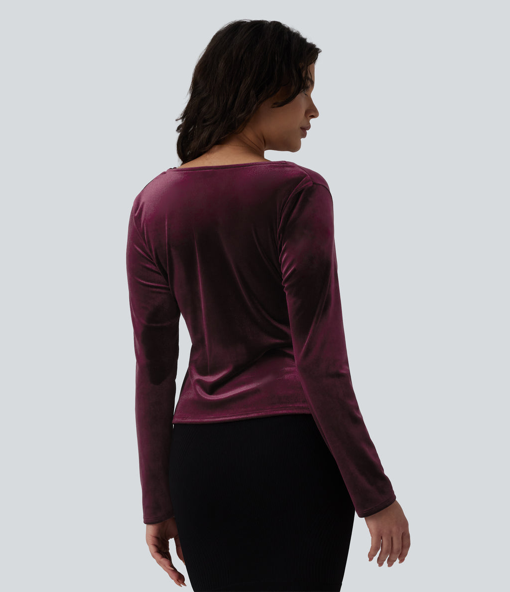Cowl Neck Long Sleeve Velvet Top — Dusky purple — view 2