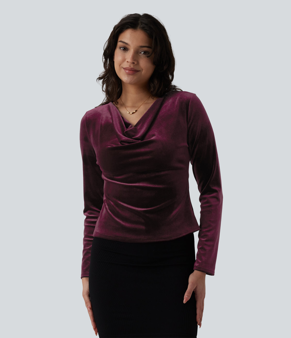 Cowl Neck Long Sleeve Velvet Top — Dusky purple — view 4