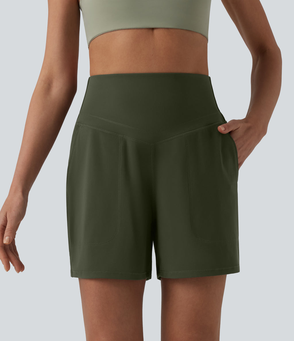 High Waisted Tummy Control Yoga Shorts 5'' with Pockets — Deep Woodland Green — view 4