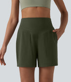 High Waisted Tummy Control Yoga Shorts 5'' with Pockets — Deep Woodland Green — view 4