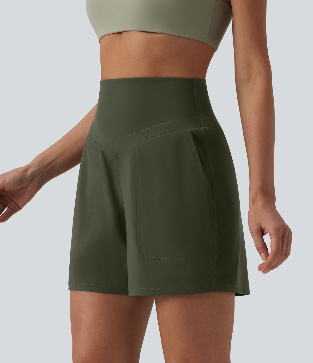 High Waisted Tummy Control Yoga Shorts 5'' with Pockets — Deep Woodland Green — view 5