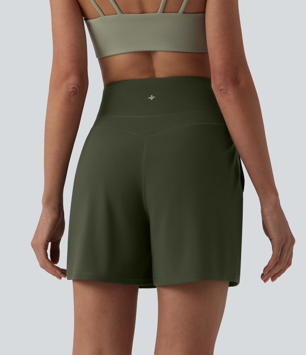 High Waisted Tummy Control Yoga Shorts 5'' with Pockets — Deep Woodland Green — view 6