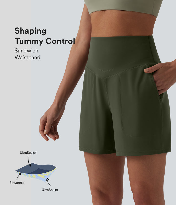 High Waisted Tummy Control Yoga Shorts 5'' with Pockets — Deep Woodland Green — view 1