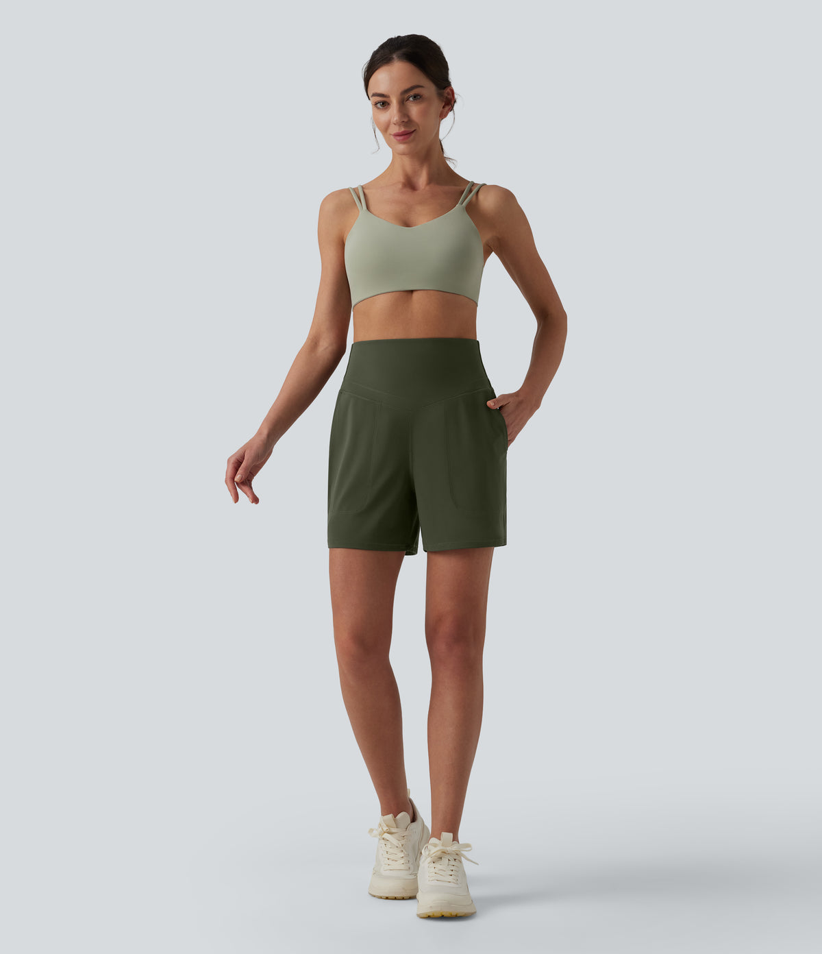 High Waisted Tummy Control Yoga Shorts 5'' with Pockets — Deep Woodland Green — view 7