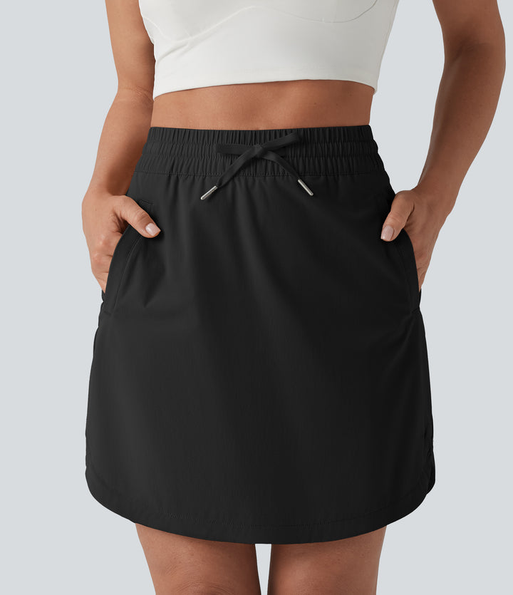 High Waisted Drawstring 2-in-1 Curved Hem Mini Golf Skirt with Pockets-Longer Length — Black — view 9