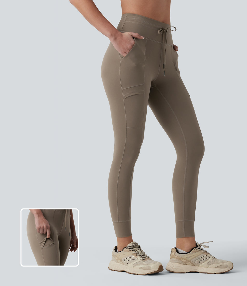 High Waisted Drawstring 7/8 Camping Cargo Leggings with Pockets — Dawn Brown — view 1