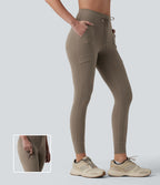 High Waisted Drawstring 7/8 Camping Cargo Leggings with Pockets — Dawn Brown — view 1