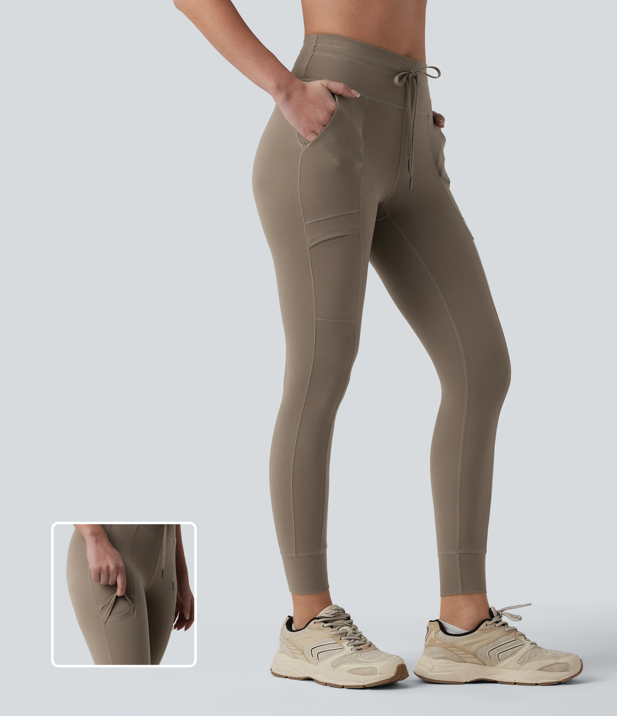High Waisted Drawstring 7/8 Camping Cargo Leggings with Pockets — Dawn Brown — view 1