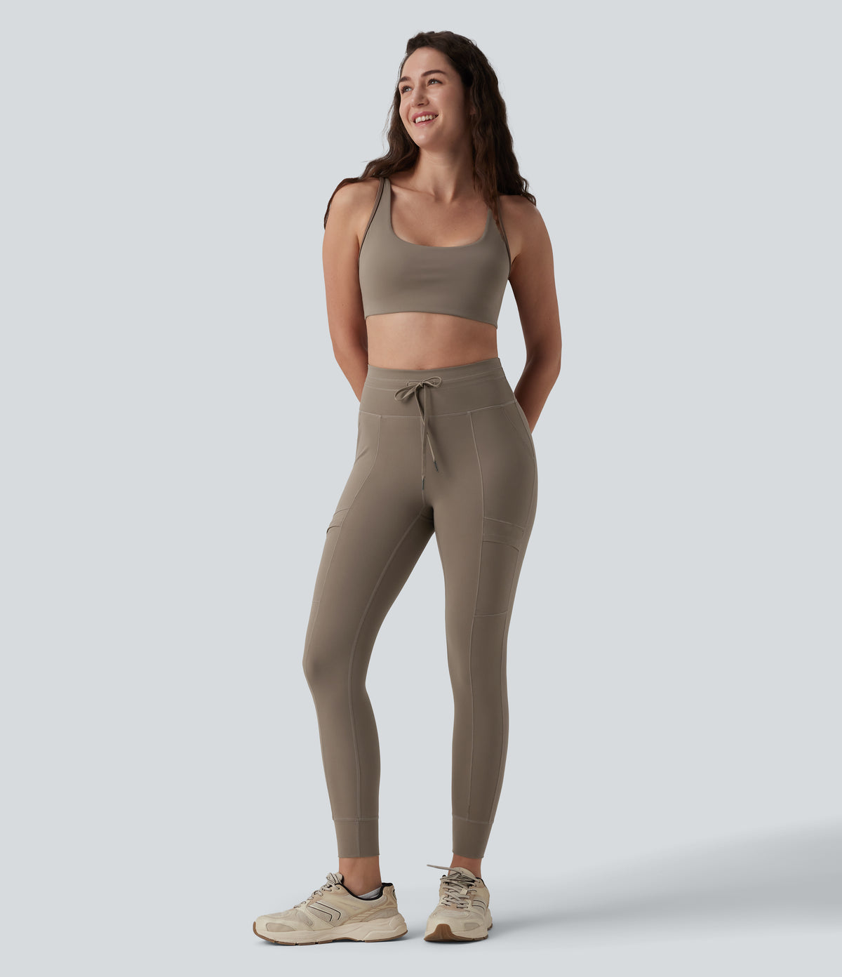High Waisted Drawstring 7/8 Camping Cargo Leggings with Pockets — Dawn Brown — view 7