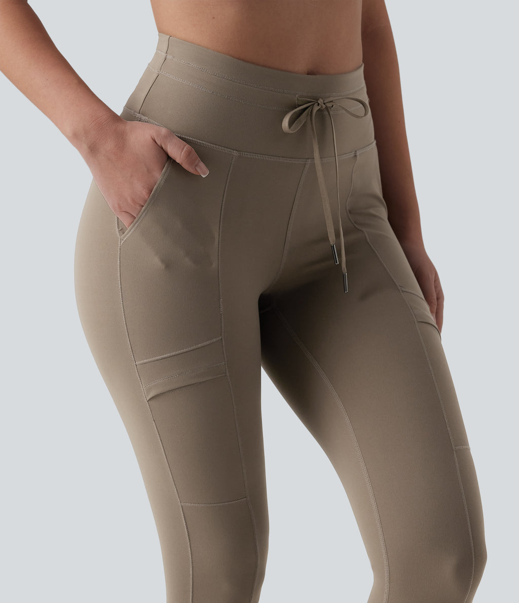 High Waisted Drawstring 7/8 Camping Cargo Leggings with Pockets — Dawn Brown — view 4