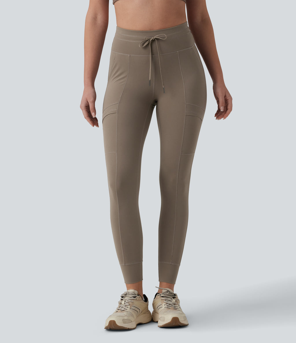 High Waisted Drawstring 7/8 Camping Cargo Leggings with Pockets — Dawn Brown — view 3