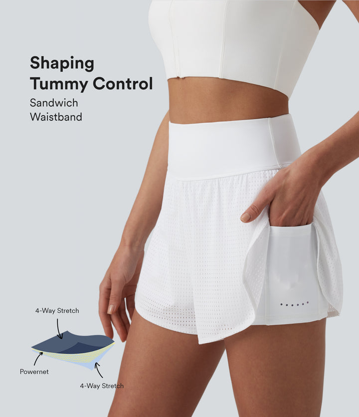 High Waisted Tummy Control Reflective Dots Crossover Curved Hem 2-in-1 Eyelet Yoga Shorts with Pockets — White — view 1