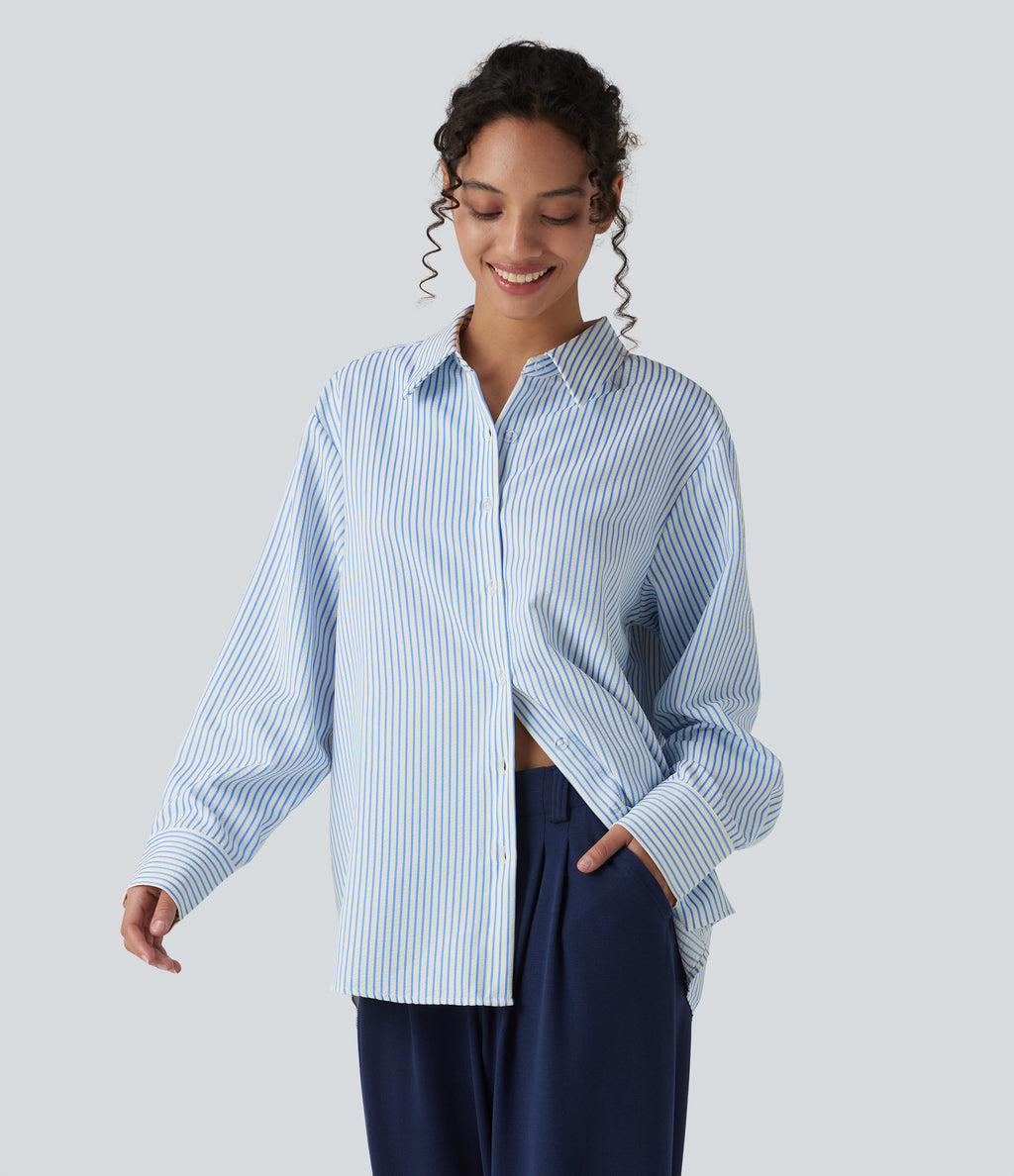 Long Sleeve Oversize Stripe Work Shirt — Airy Stripe — view 1