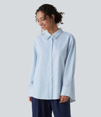 Long Sleeve Oversize Stripe Work Shirt — Airy Stripe — view 7
