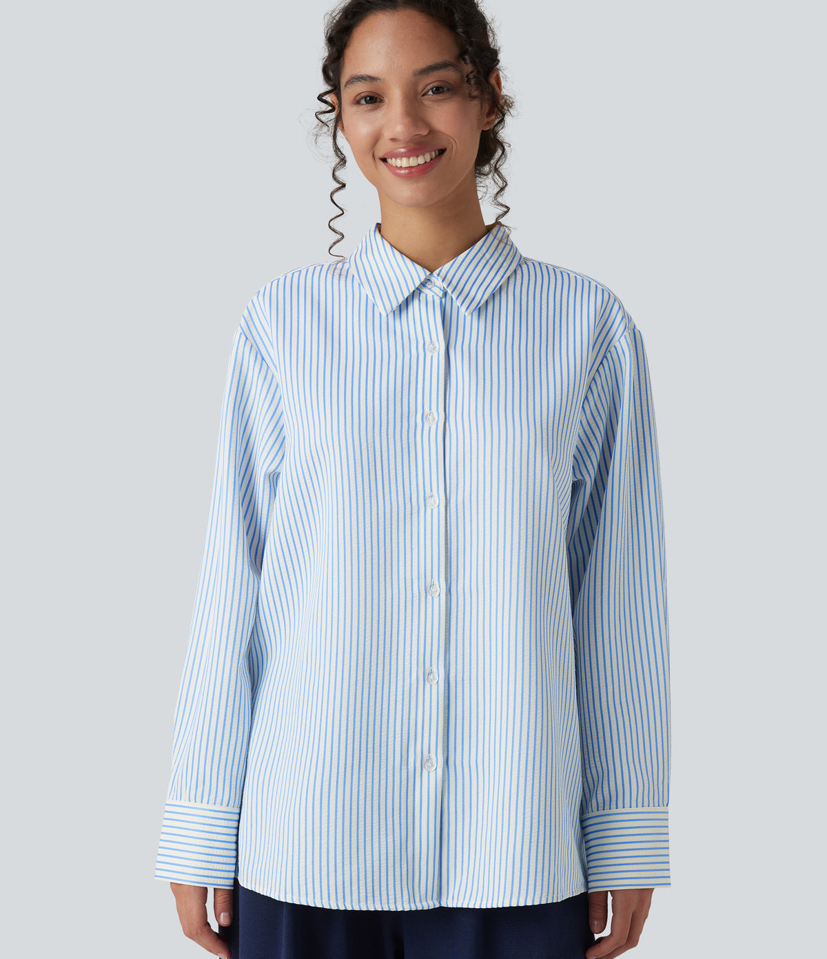 Long Sleeve Oversize Stripe Work Shirt — Airy Stripe — view 4