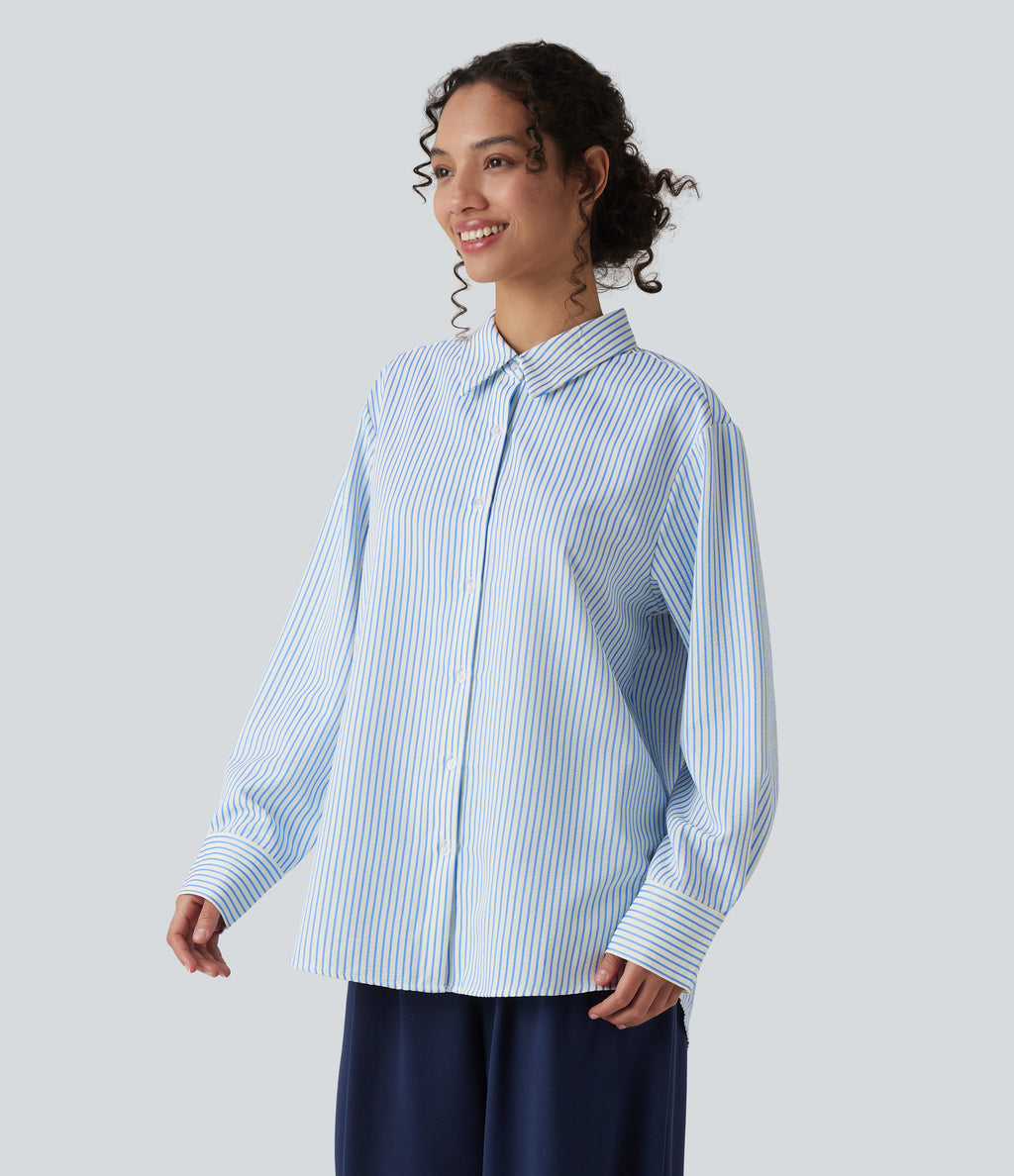 Long Sleeve Oversize Stripe Work Shirt — Airy Stripe — view 3