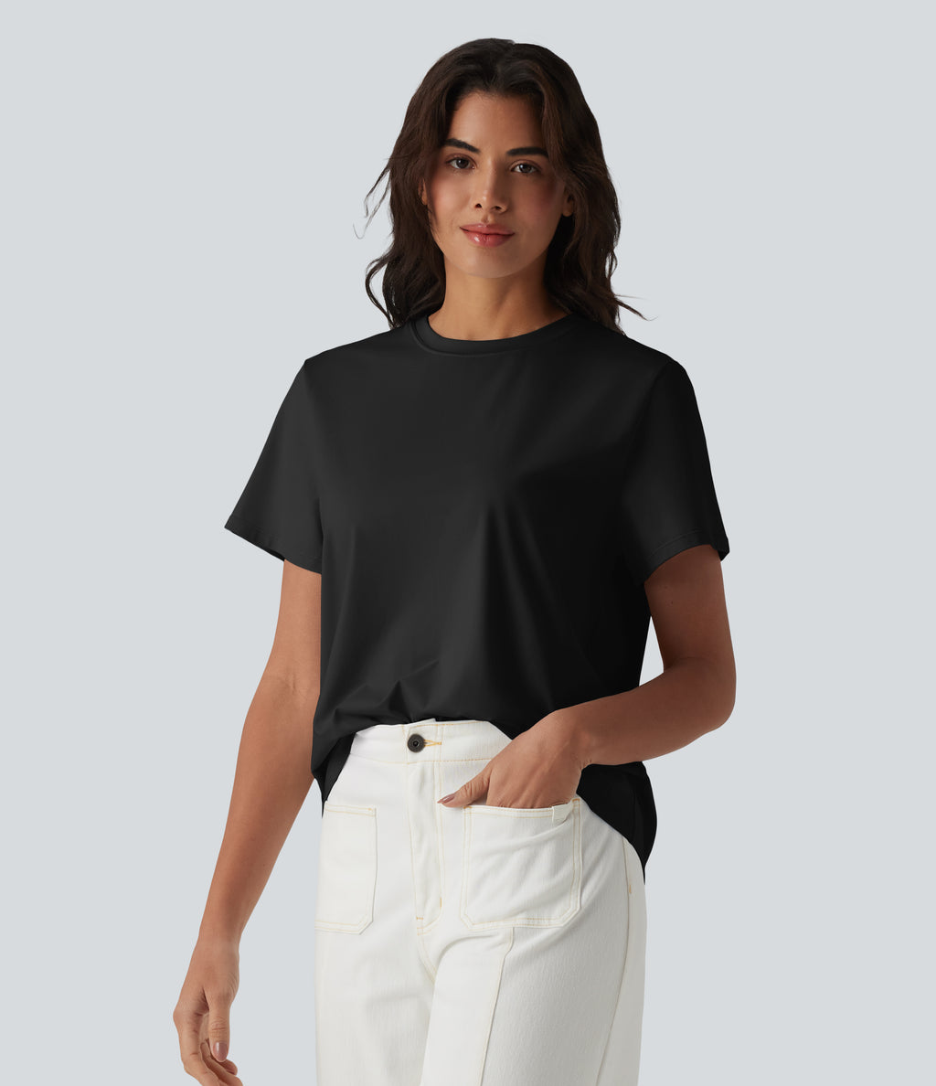 Round Neck Short Sleeve Casual Cotton T-Shirt — Black — view 1