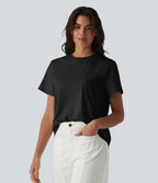 Round Neck Short Sleeve Casual Cotton T-Shirt — Black — view 1