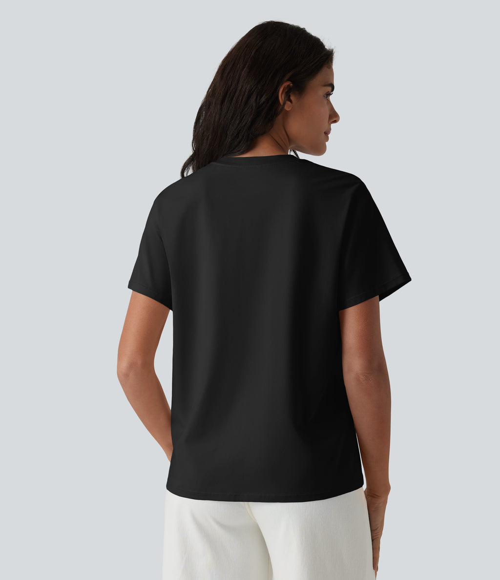Round Neck Short Sleeve Casual Cotton T-Shirt — Black — view 2