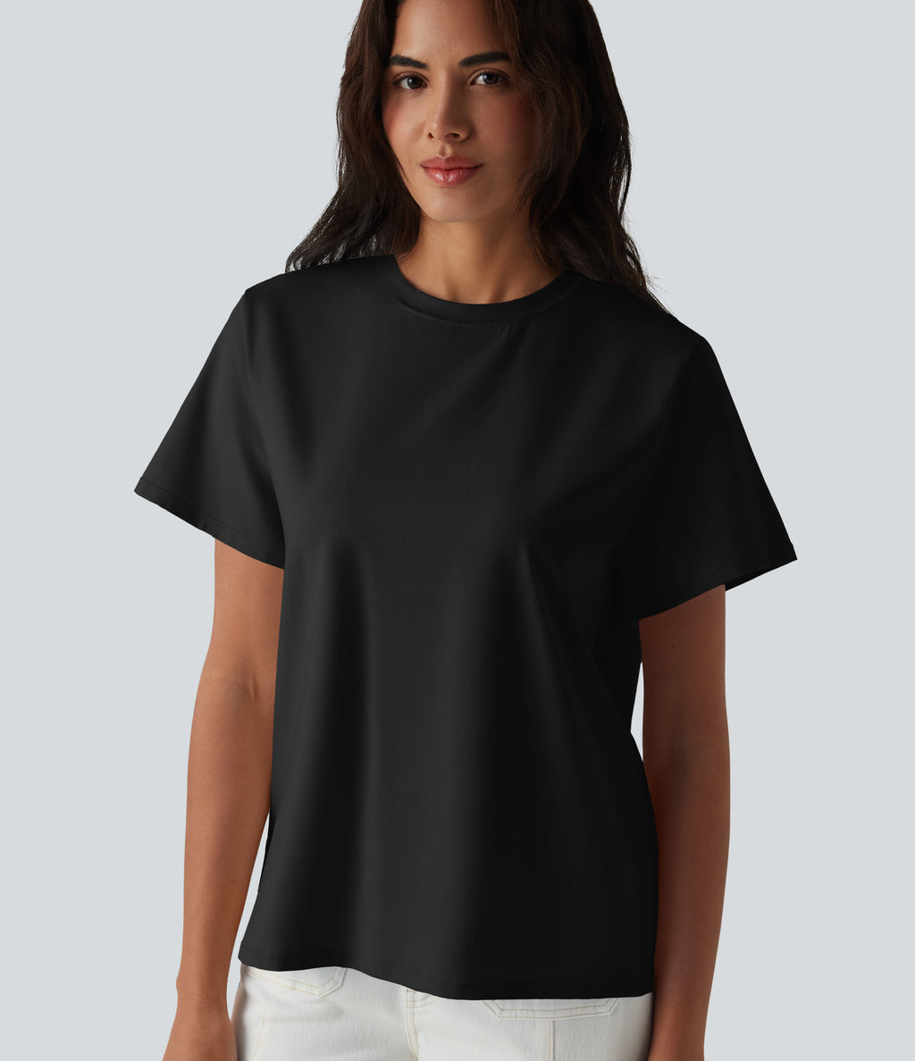 Round Neck Short Sleeve Casual Cotton T-Shirt — Black — view 5