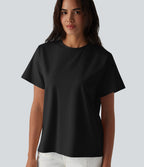 Round Neck Short Sleeve Casual Cotton T-Shirt — Black — view 5