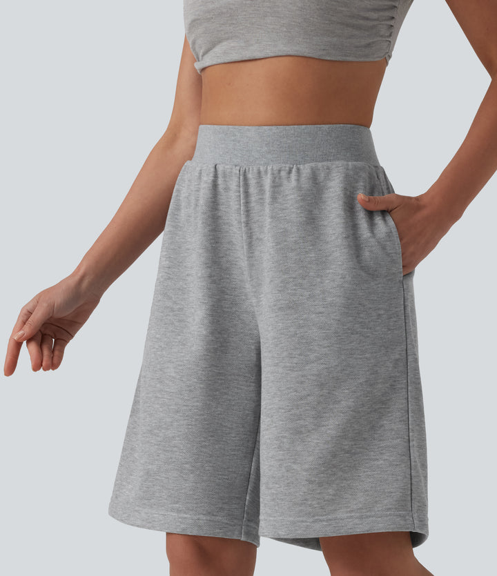 Mid Rise Inner Drawstring French Terry Baggy Casual Bermuda Sweat Shorts with Pockets — Mottled Grey — view 1