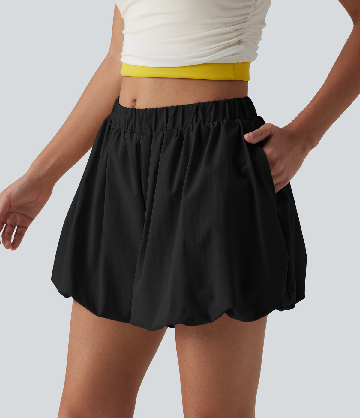 Mid Rise Stretchy Poplin Casual Bubble Shorts with Pockets — Black — view 6