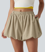 Mid Rise Stretchy Poplin Casual Bubble Shorts with Pockets — Fields of Rye — view 3