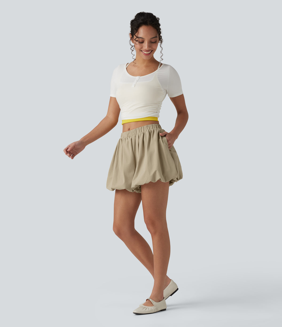 Mid Rise Stretchy Poplin Casual Bubble Shorts with Pockets — Fields of Rye — view 5