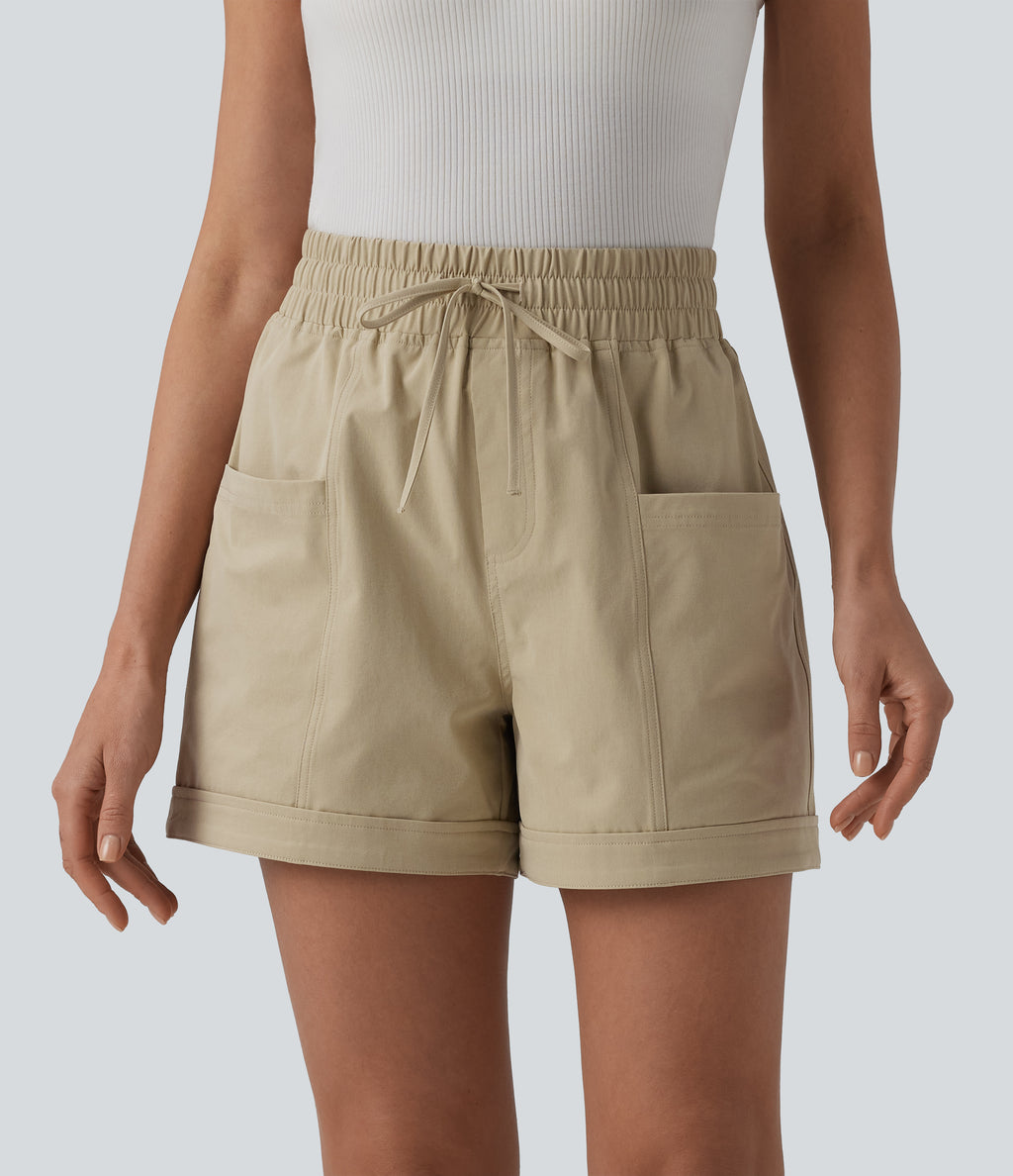 Mid Rise Drawstring Stretchy Poplin Casual Baggy Shorts with Pockets — Fields of Rye — view 2