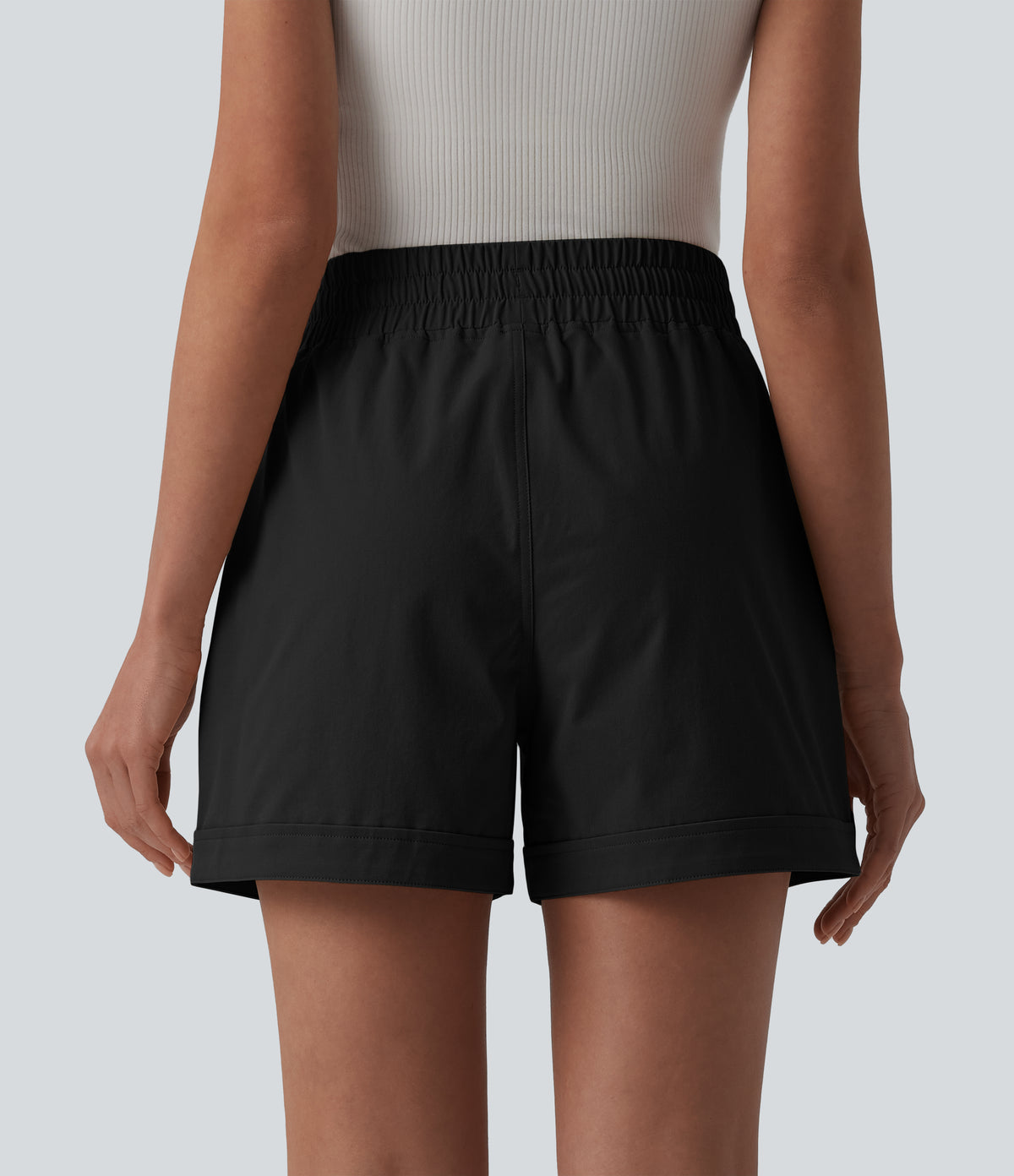 Mid Rise Drawstring Stretchy Poplin Casual Baggy Shorts with Pockets — Black — view 8