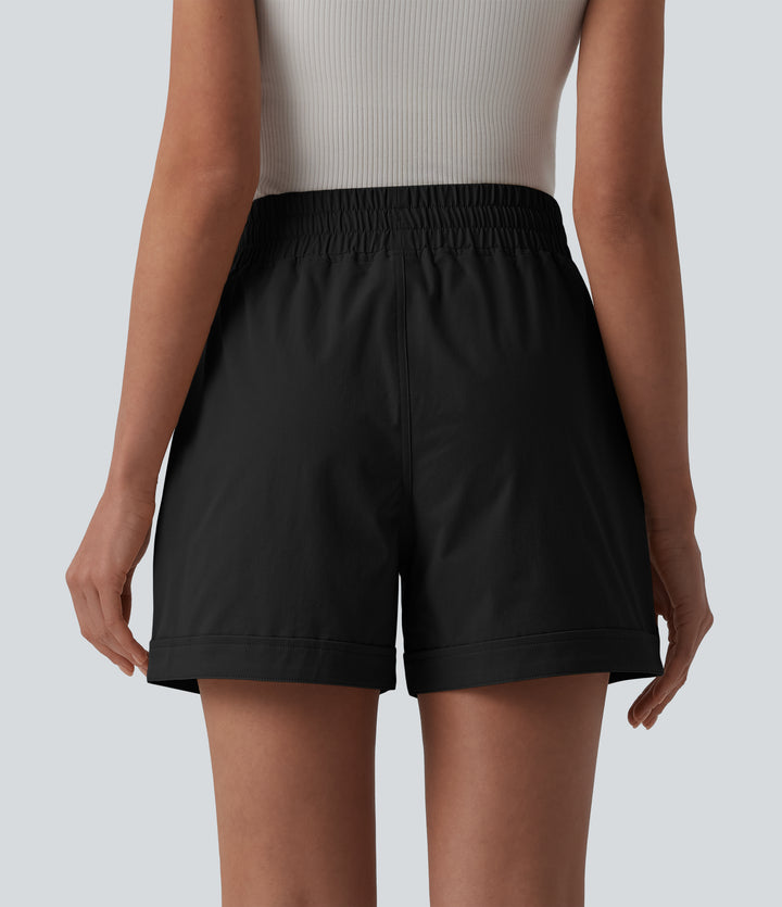 Mid Rise Drawstring Stretchy Poplin Casual Baggy Shorts with Pockets — Black — view 8