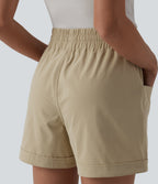 Mid Rise Drawstring Stretchy Poplin Casual Baggy Shorts with Pockets — Fields of Rye — view 4