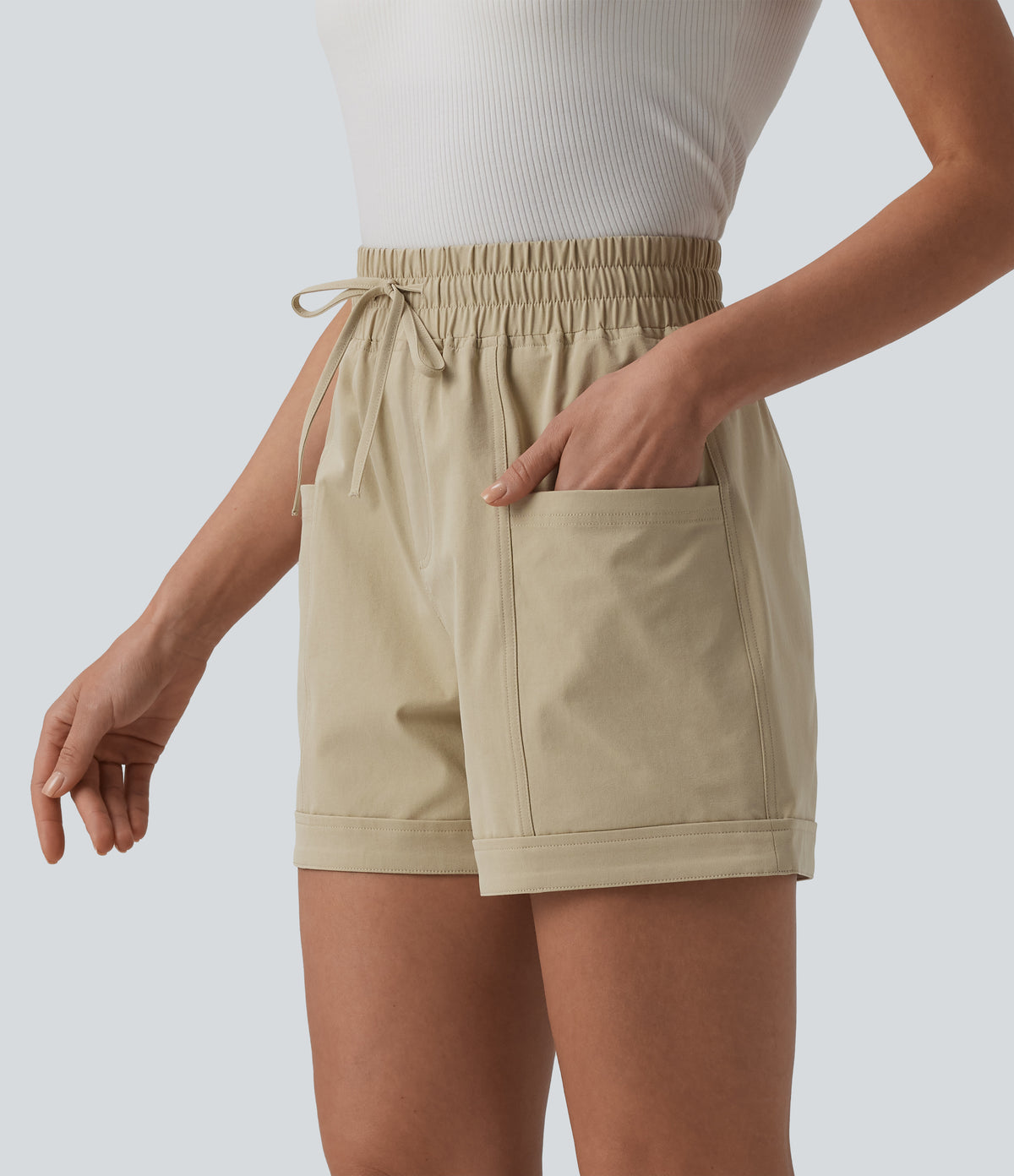 Mid Rise Drawstring Stretchy Poplin Casual Baggy Shorts with Pockets — Fields of Rye — view 5