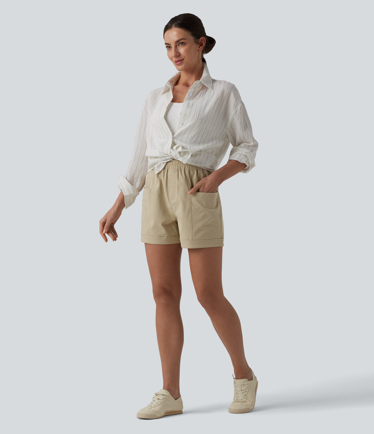 Mid Rise Drawstring Stretchy Poplin Casual Baggy Shorts with Pockets — Fields of Rye — view 6