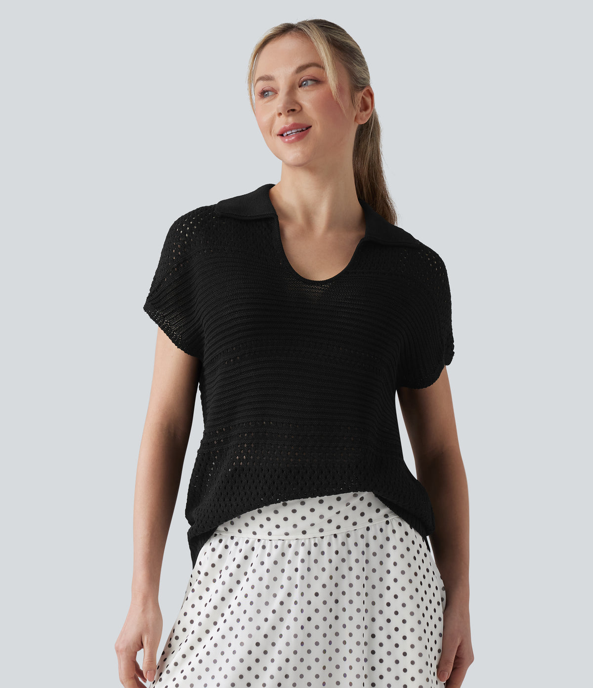 V-neck Batwing Short Sleeve Resort Crochet Jumper — Black — view 1
