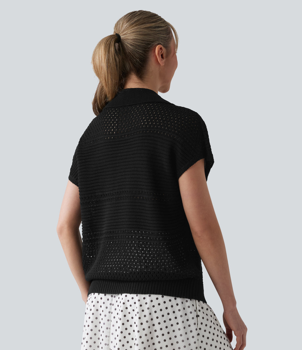 V-neck Batwing Short Sleeve Resort Crochet Jumper — Black — view 2