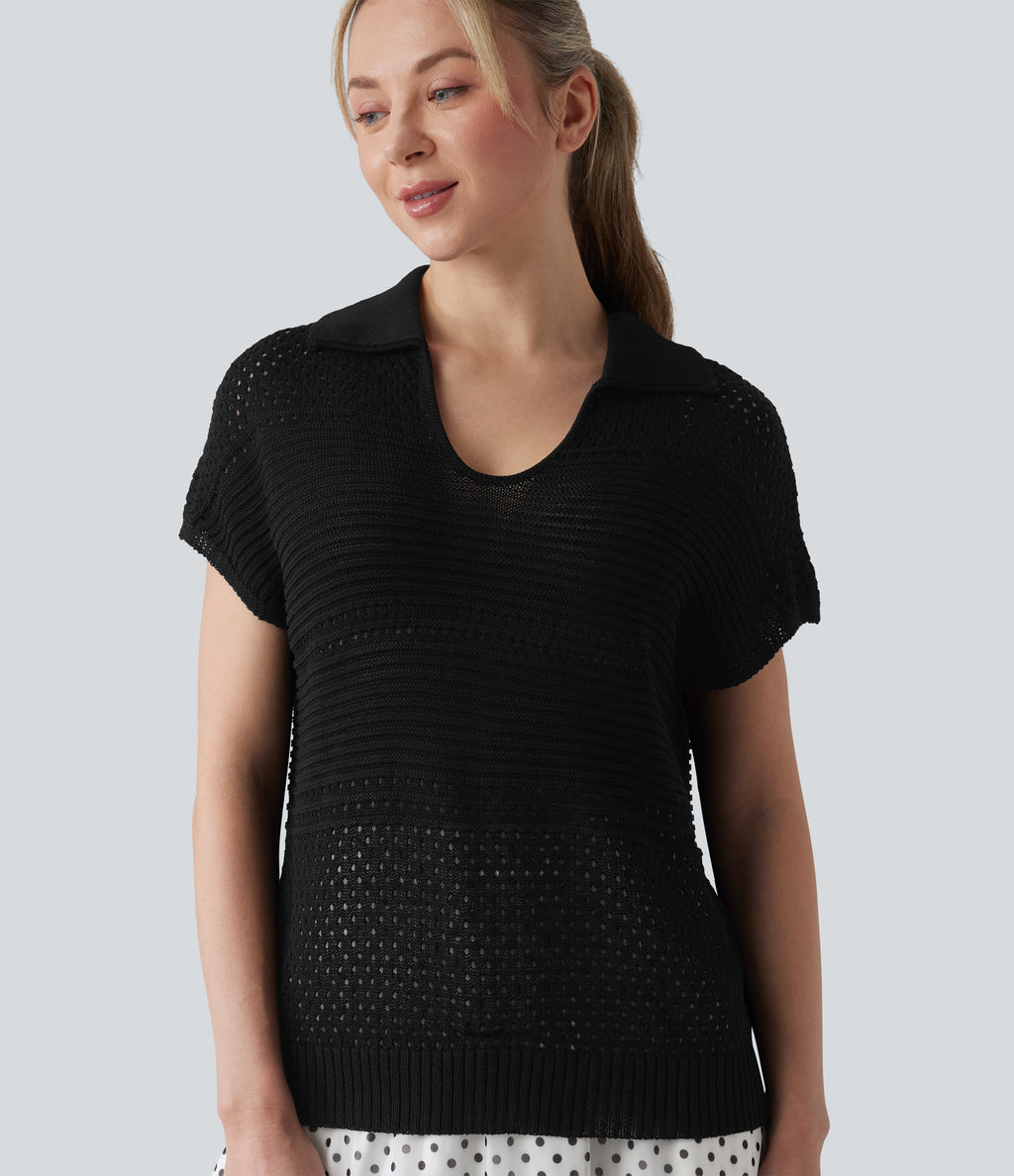 V-neck Batwing Short Sleeve Resort Crochet Jumper — Black — view 5